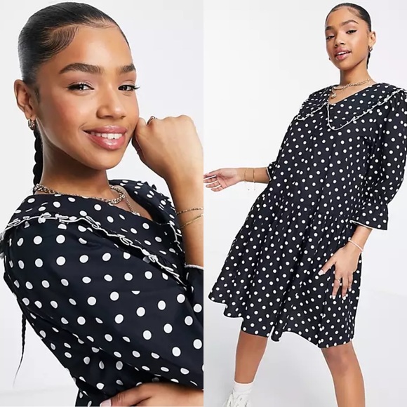 JDY Oversized Collar Puff Sleeve Mini Dress in Black Spot - Picture 2 of 3